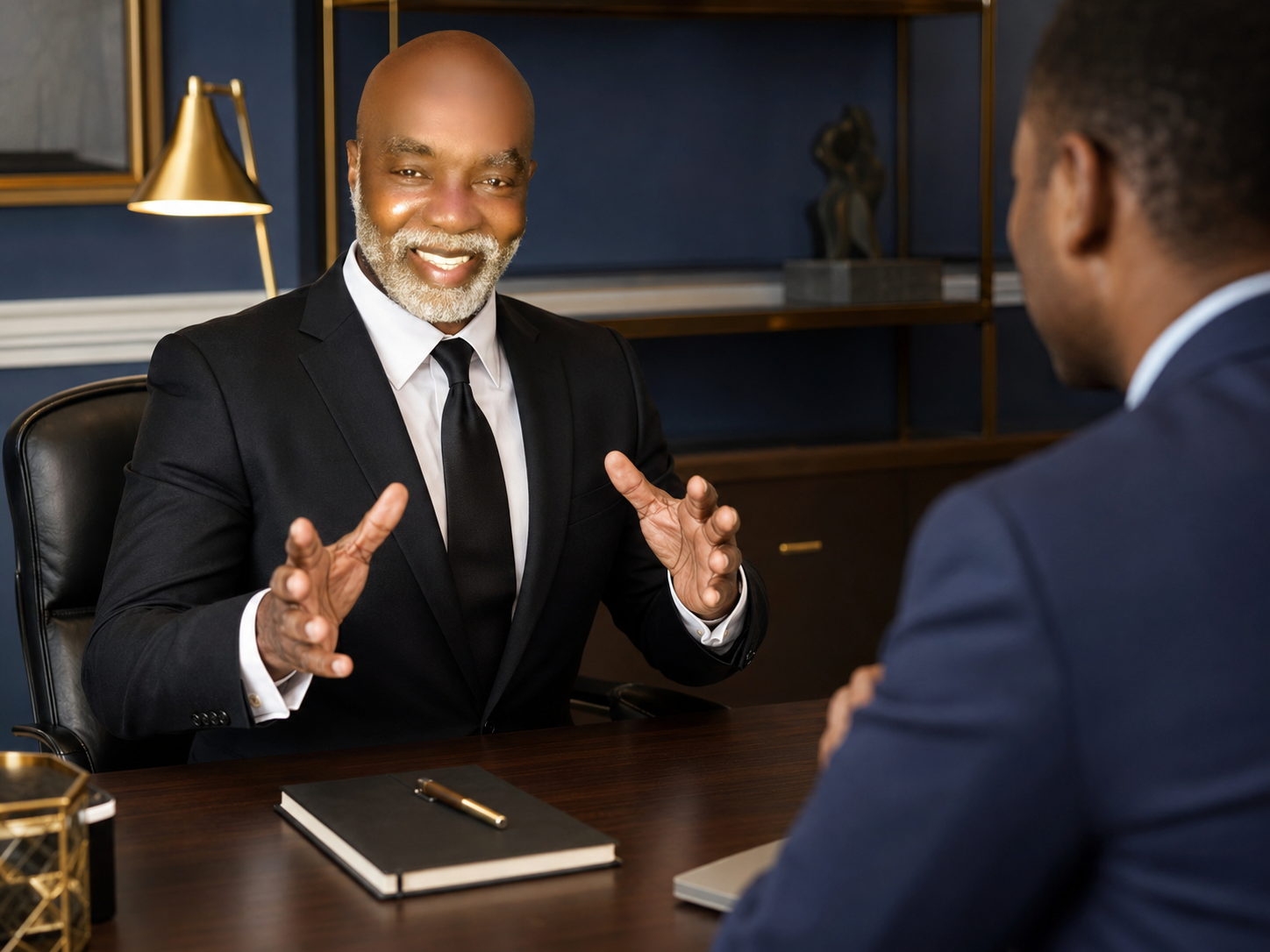 Executive coach guiding a client in a focused one-on-one session